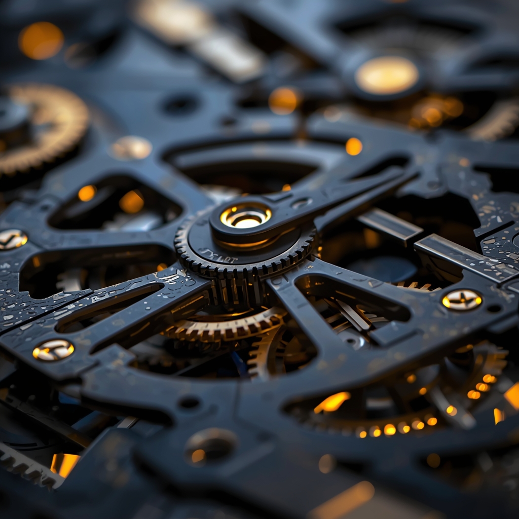 A highly intricate mechanical clockwork system representing business operations, metallic textures, macro photography, depth of field, glowing accents --v 5.2 (Do not include woman image)